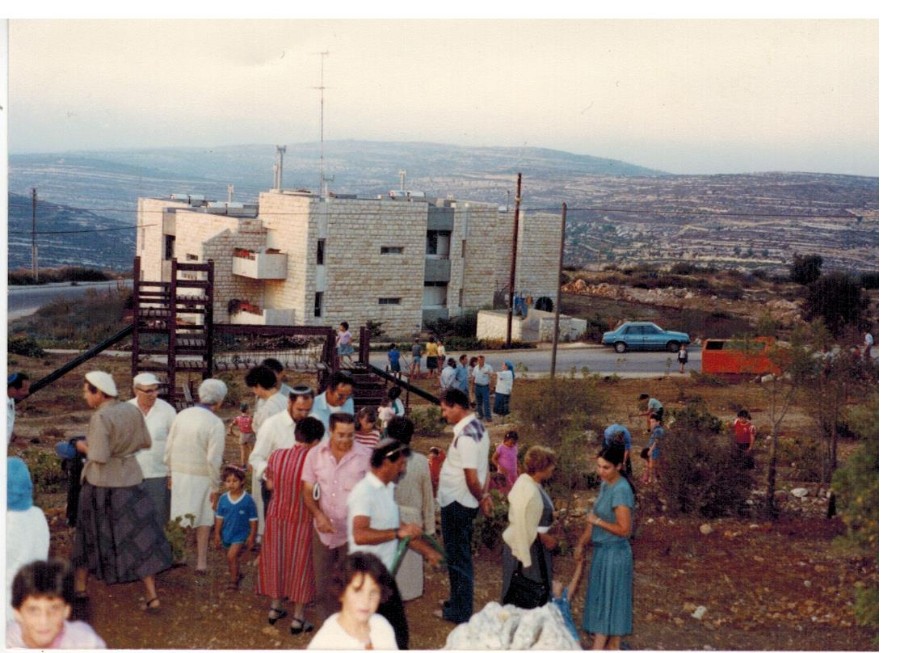 גן שיירת העשרה. 
באופק ההרים הקרחים שעליהם שוכנים היום היישובים אלעזר ונוה דניאל