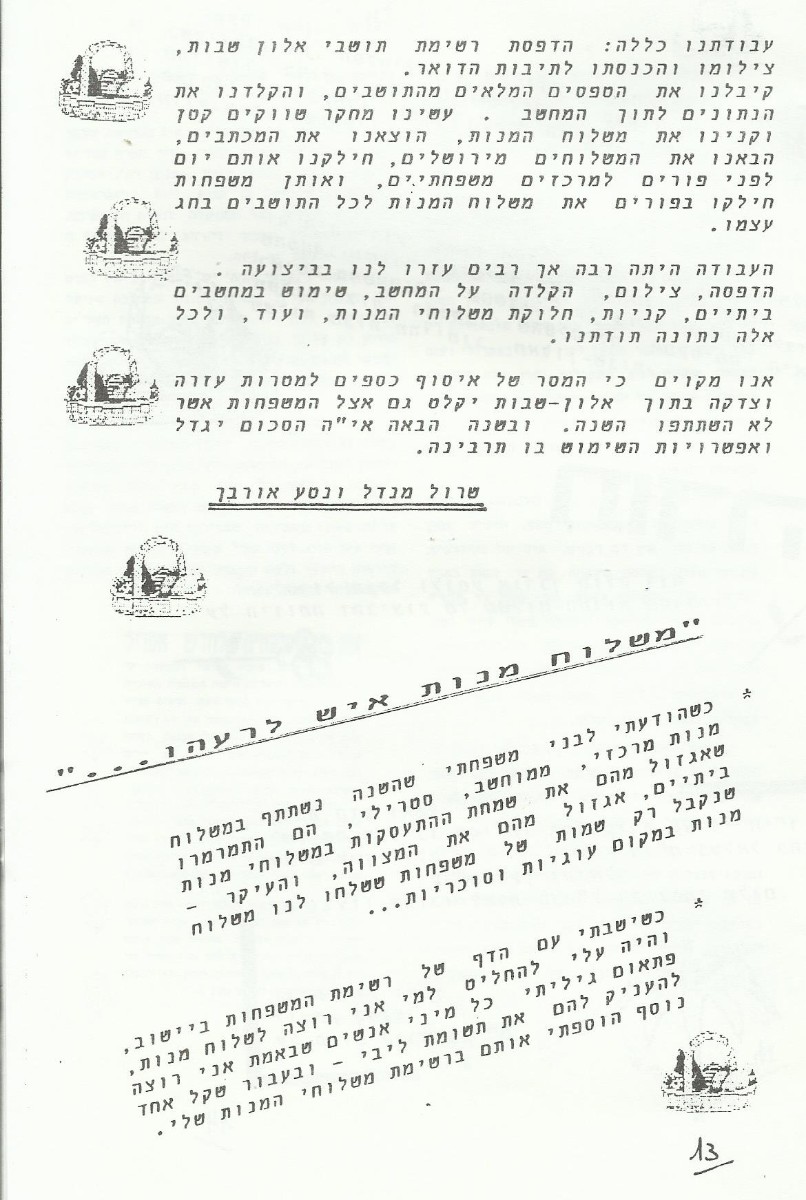 משלוח מנות יישובי - הפעם הראשונה