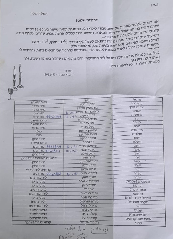 תורנות עונג שבת- גן הדסה
