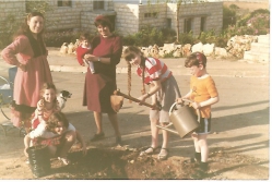 ליאורה ברנע ושרה ברגמן וילדיהן נוטעים ברחוב הרקפת